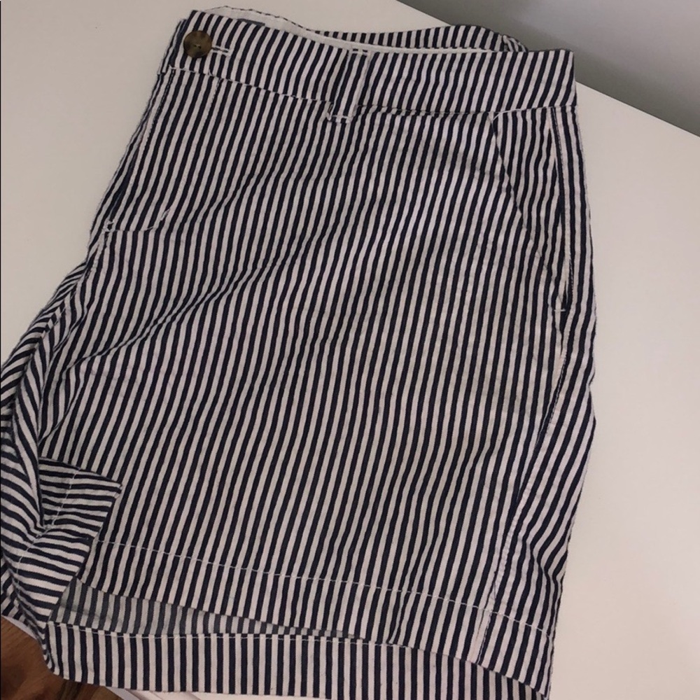 Seersucker blue and white striped shorts